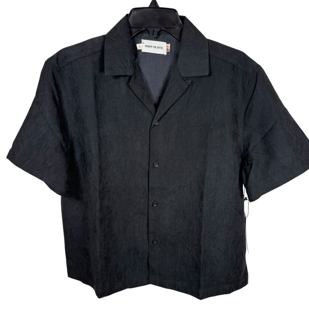 NWT Honor The Gift Black “Suede” Feel Button Down Short Sleeve Top Size Small